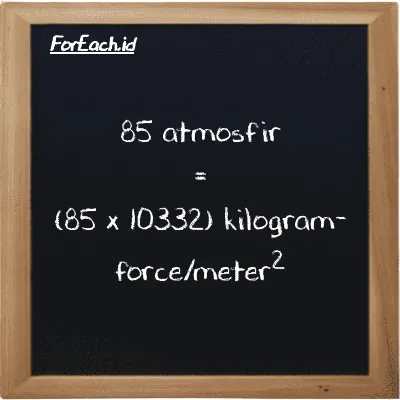 Cara konversi atmosfir ke kilogram-force/meter<sup>2</sup> (atm ke kgf/m<sup>2</sup>): 85 atmosfir (atm) setara dengan 85 dikalikan dengan 10332 kilogram-force/meter<sup>2</sup> (kgf/m<sup>2</sup>)